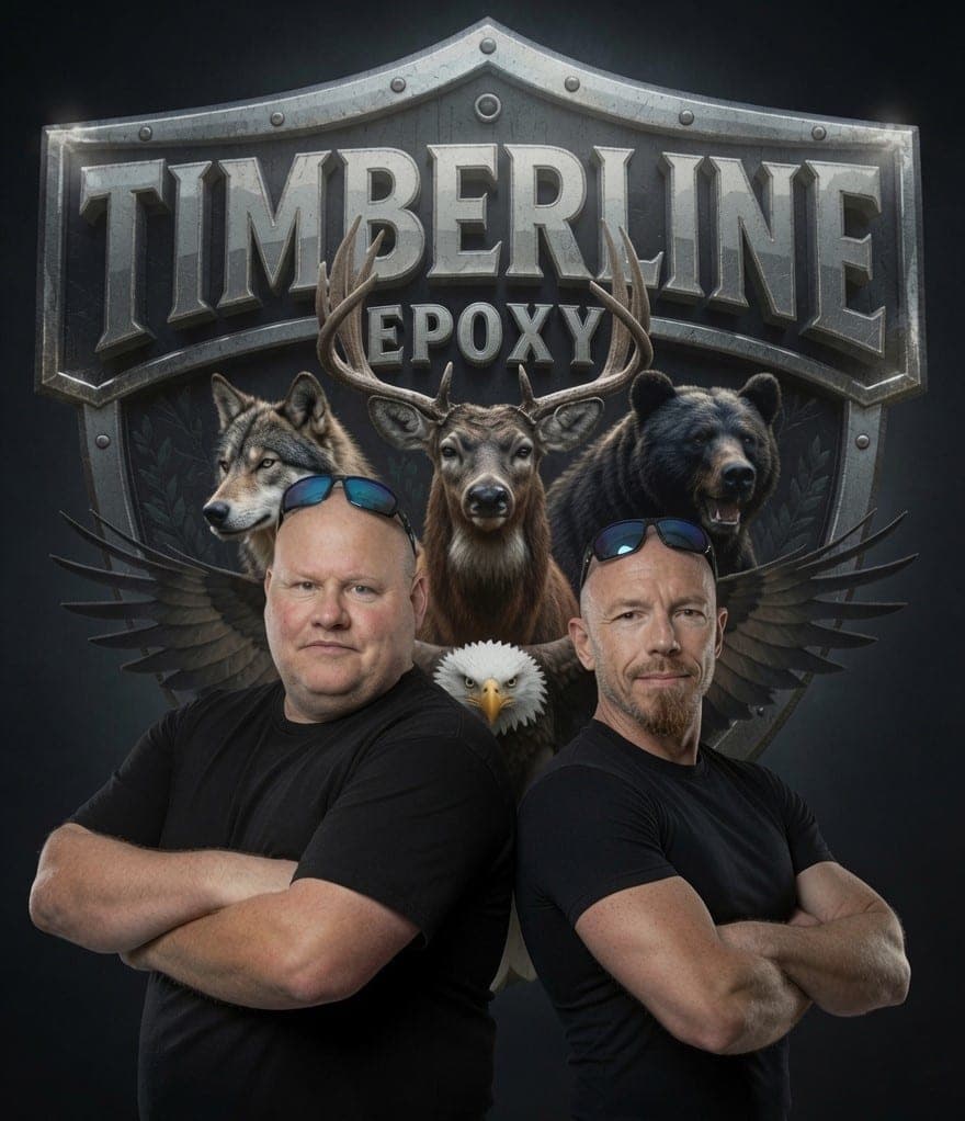 The two owners of Timberline Epoxy, arms crossed, in front of the company's shield logo